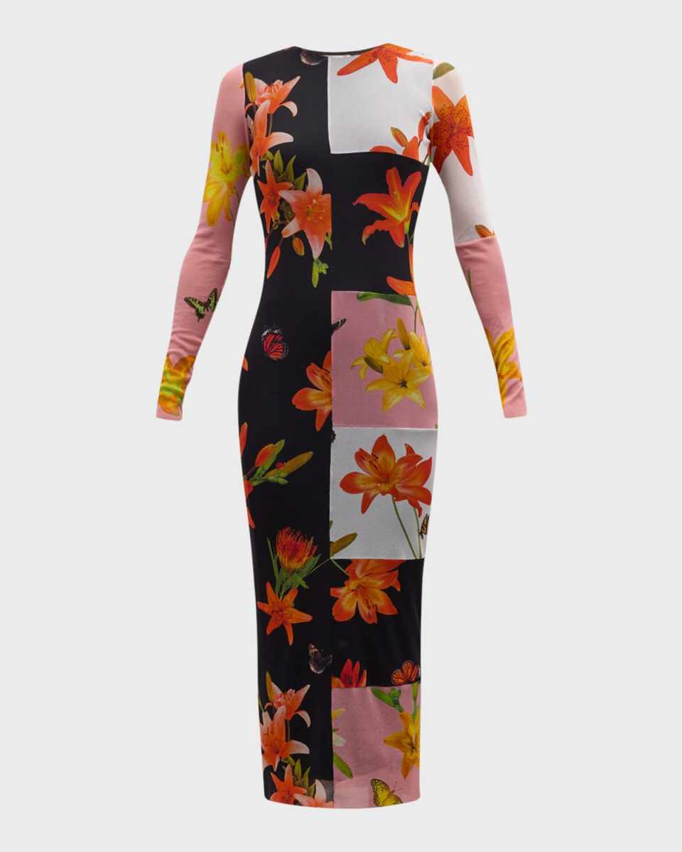 Floral Patchwork-Print Tulle Maxi Dress